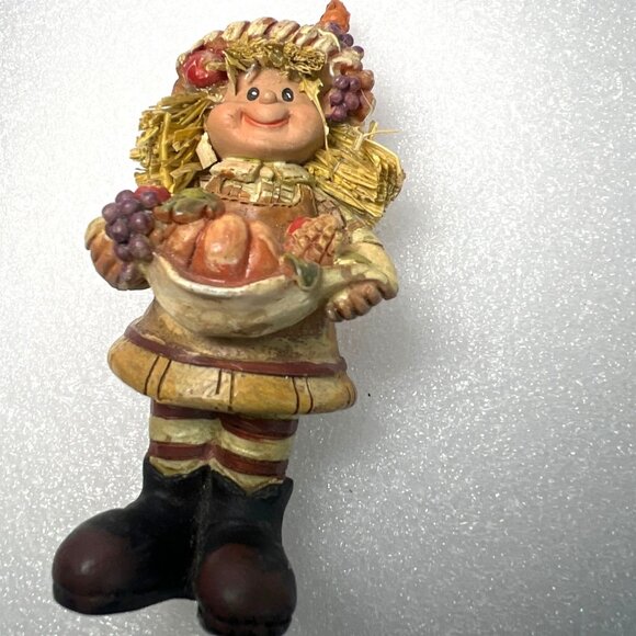 Whimsical Girl Harvest Scarecrow Figurine Autumn Produce Straw Hair Big Smile - Picture 6 of 7